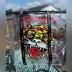 Ed Hardy NWT Transparent Tote with Tiger and Black Straps Link Letters on Straps